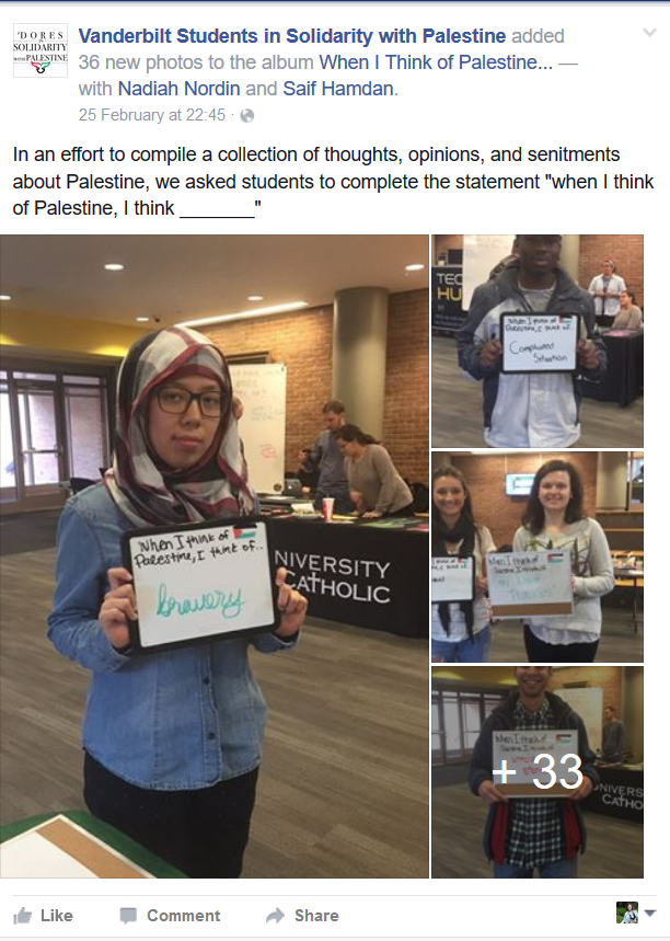 Intifada - students at Vanderbilt University hold up signs saying what they think of when they think of Palestine.