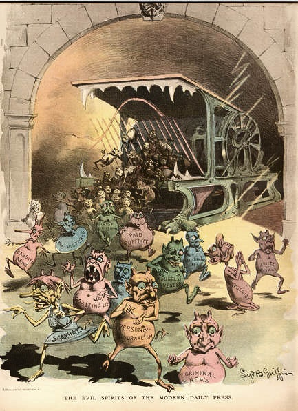Even the Jerusalem Post perpetuates anti-Israel media bias - "The Evil Spirits of the Modern Day Press". Puck US magazine 1888; Nasty little printer's devils spew forth from the Hoe press in this Puck cartoon of Nov. 21, 1888. 