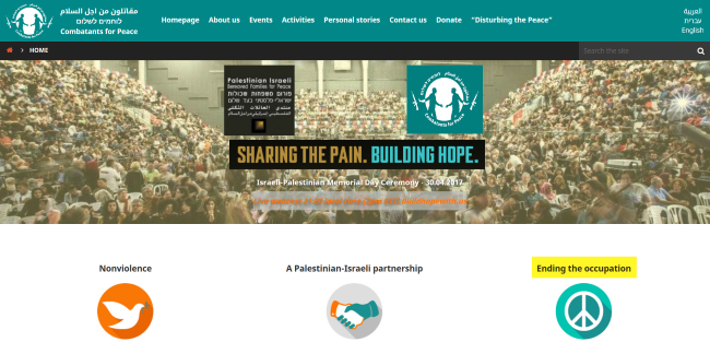 homepage for peace organization "combatants for peace" website