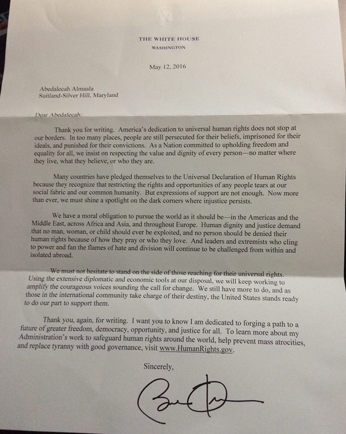 Mudar Zahran, Letter from Obama