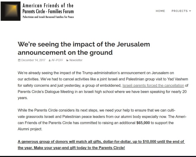 alleged impact of Trump's Jerusalem speech - cancellation of Parents Circle High School programme
