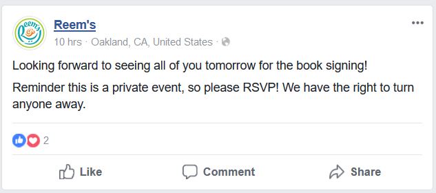 Reem's Bakery - Notice regarding invitation to the book signing event.