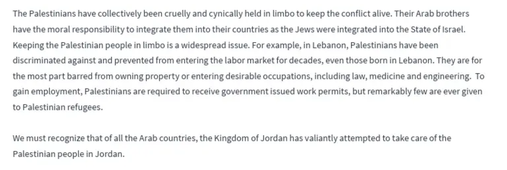 Deal of the Century - treatment of Palestinian Arab refugees by Arab countries