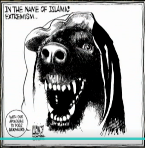 Screenshot from film showing cartoon illustrating extremist Islamists as a mad dog.