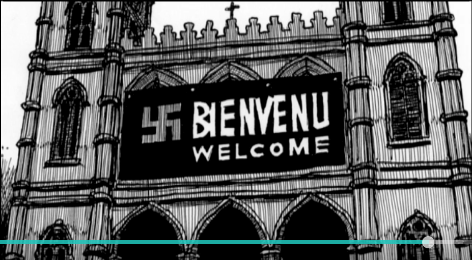 Banner on Notre Dame of Quebec with swastika in banner, in Aislin cartoon