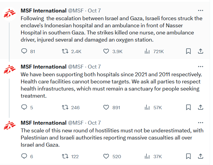 MSF posting on "X" on 7 Oct