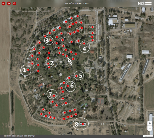 Map of Kibbutz Nir Oz showing red dots for each home