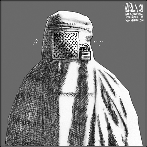 Aislin cartoon: woman in niqab with the face covering padlocked