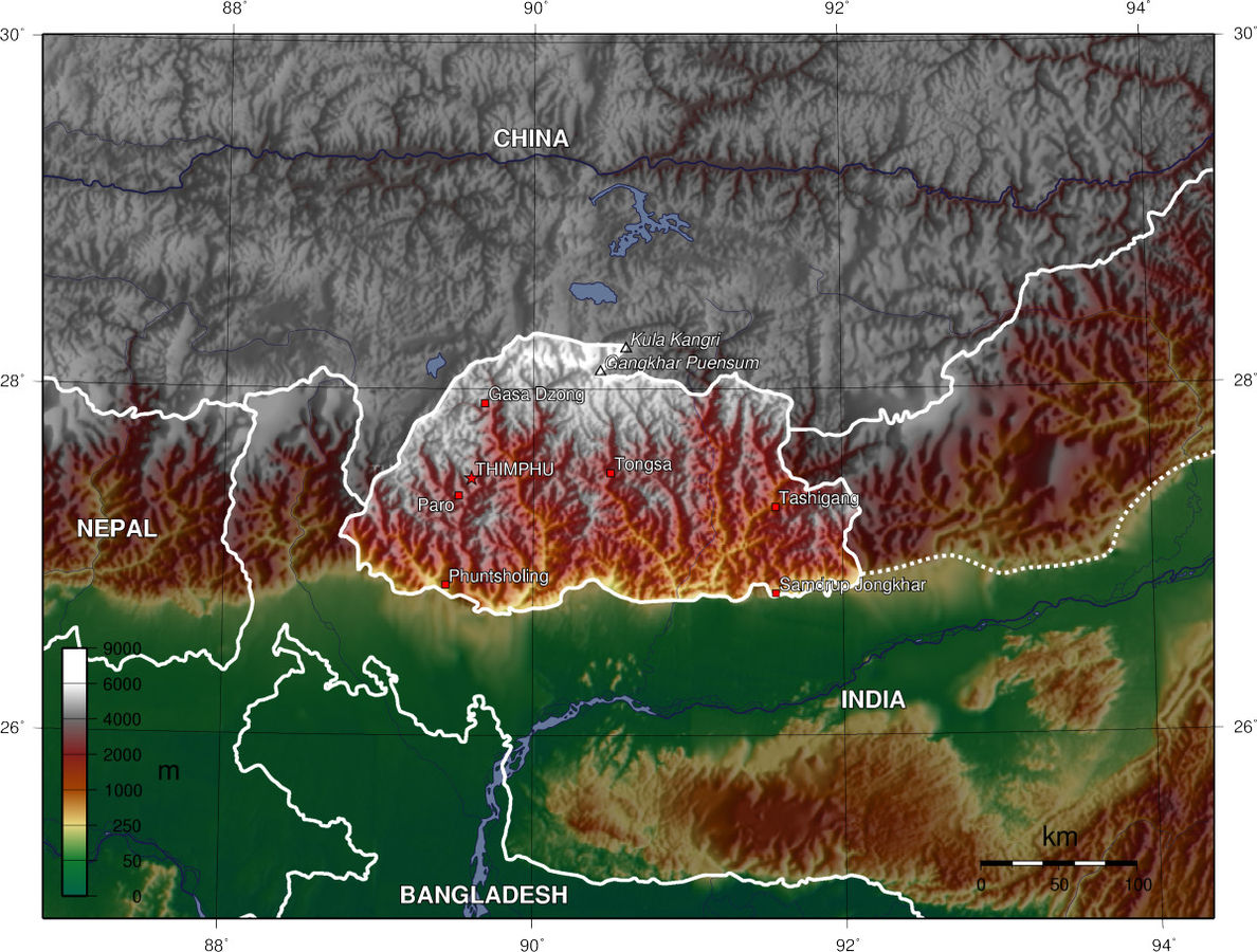 Map of Bhutan showing how its borders are different from those of proposed Palestinian state