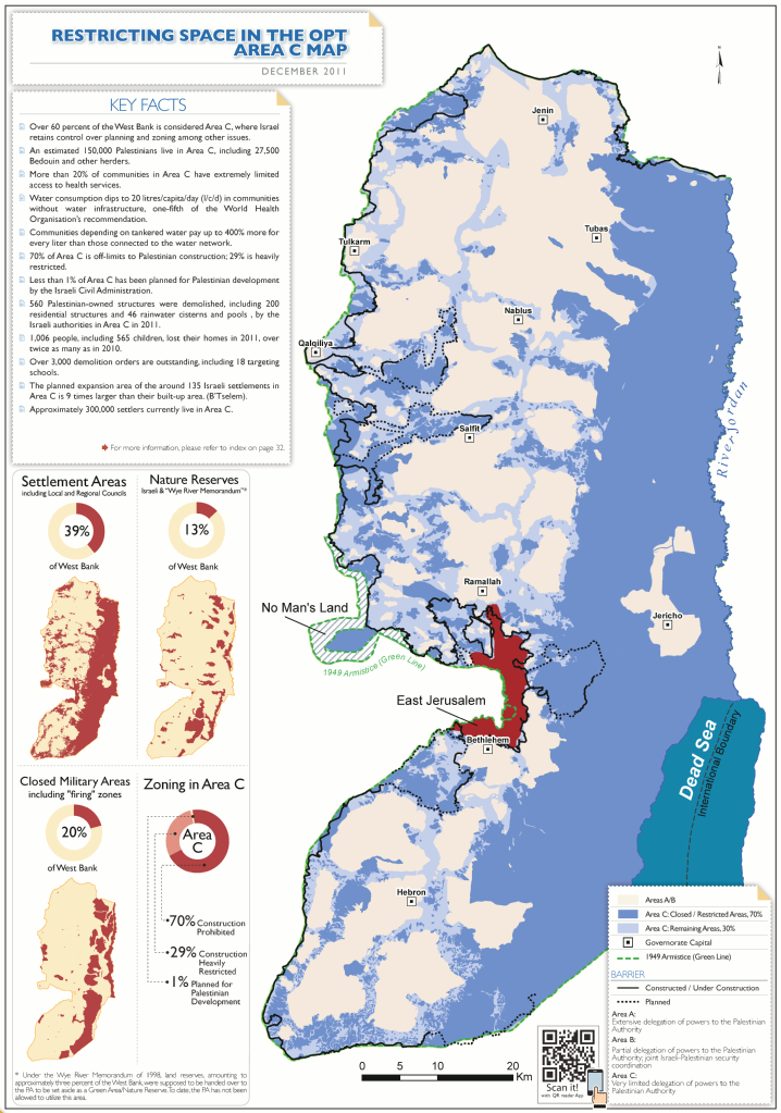 Map of Judea and Samaria showing Areas A, B, and C. Here we can see how Israeli controlled land twists itself around PA controlled land, making "divorce" improbable
