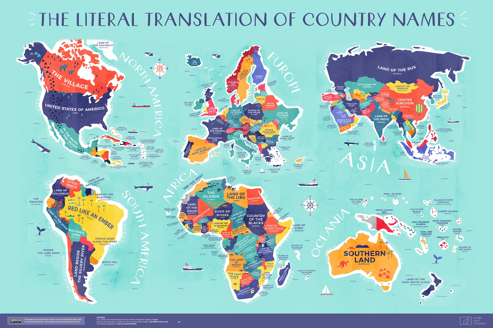 Map of the world with countries labelled by their literal translations