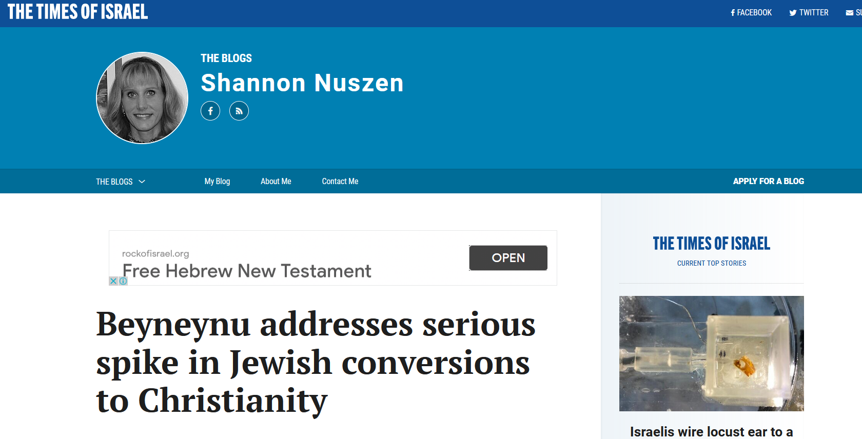 Missionary site advertised above blog post title