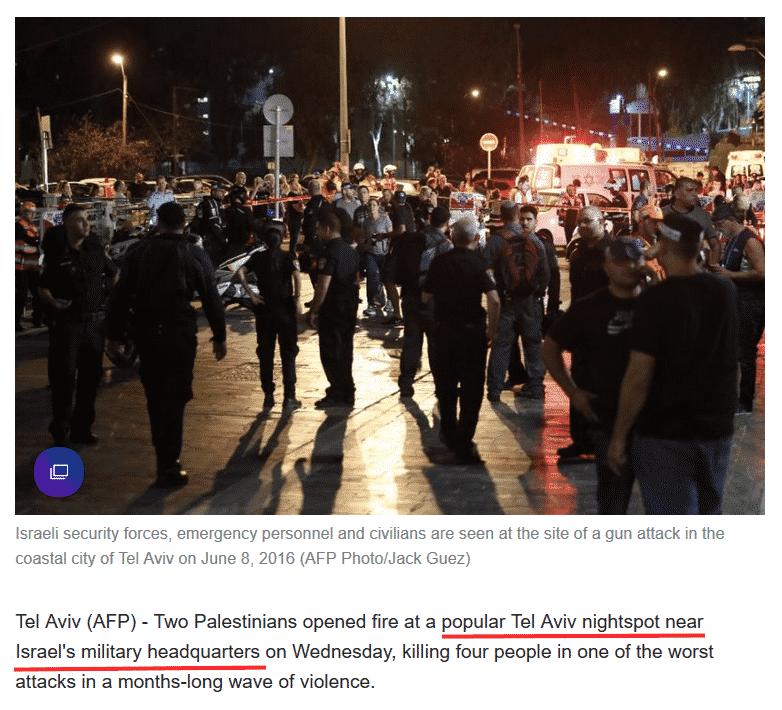 Screenshot of Yahoo article, entitled: "Four Killed in Shooting at Tel Aviv Night Spot" - June 9, 2016.
